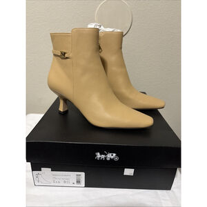 Coach Women’s Rebecca Buckle Kitten-Heel Leather Booties, Tan Leather, 6B